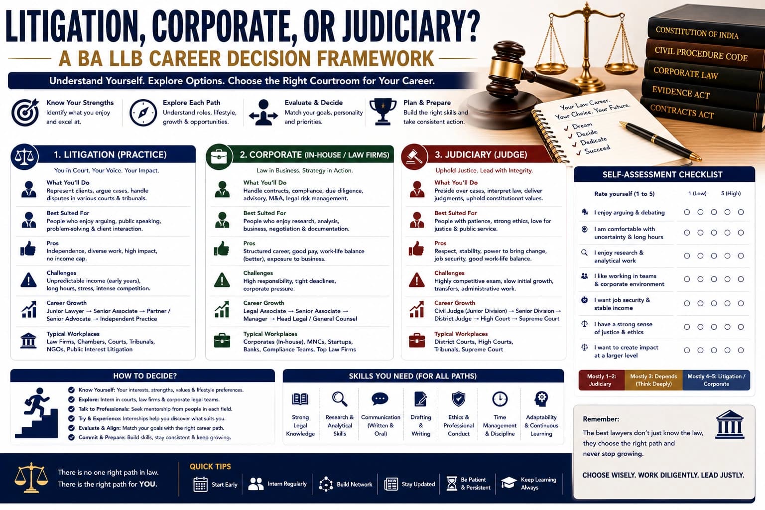 Litigation, Corporate, or Judiciary? A BA LLB Career Decision Framework